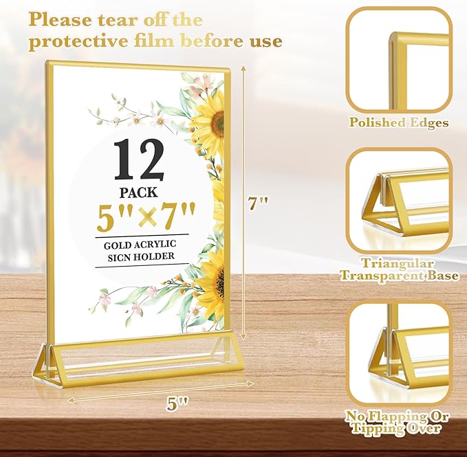 Acrylic Gold Sign Holders 5x7, 12 Pack Wedding Gold Table Number Holders - Image 3
