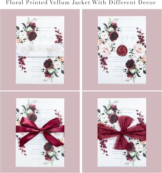 PONATIA 50 PCS Vellum Jackets for 5x7 Invitations- 135gsm Burgundy Floral - Image 3