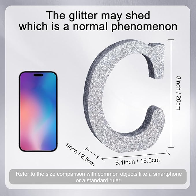 TONIFUL 8 Inch Silver Glitter Letter C Table Centerpiece A-Z Silver Birthday - Image 2