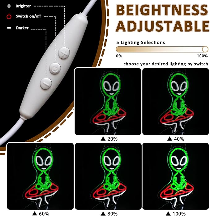 Mushroom Alien Neon Sign for Wall Decor, USB Dimmable Green Alien Neon Lights - Image 3