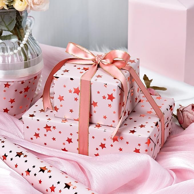 Burymento Gold Foil Five-Pointed Star Wrapping Paper, Reversible Pink Gift Wrap - Image 5