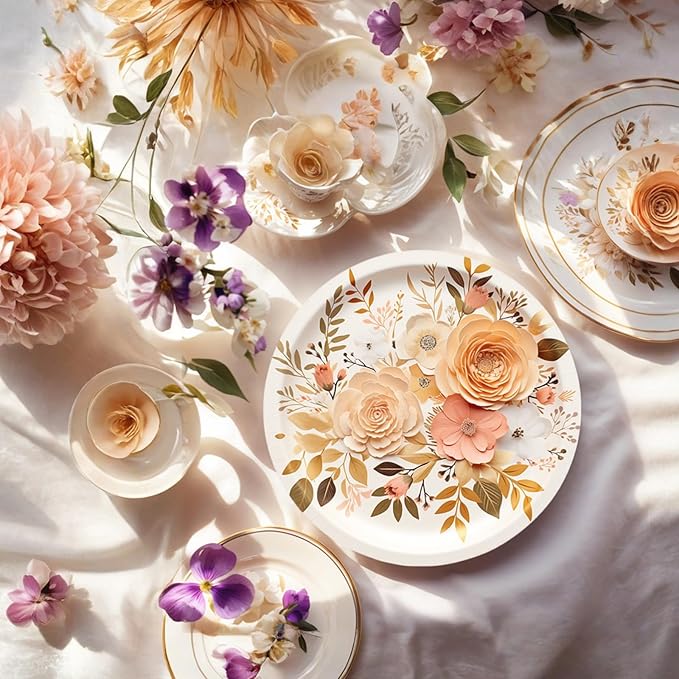 Boho Fall Plates and Napkins Sets, Floral Paper Plates Supplies Serves 50 - Image 2