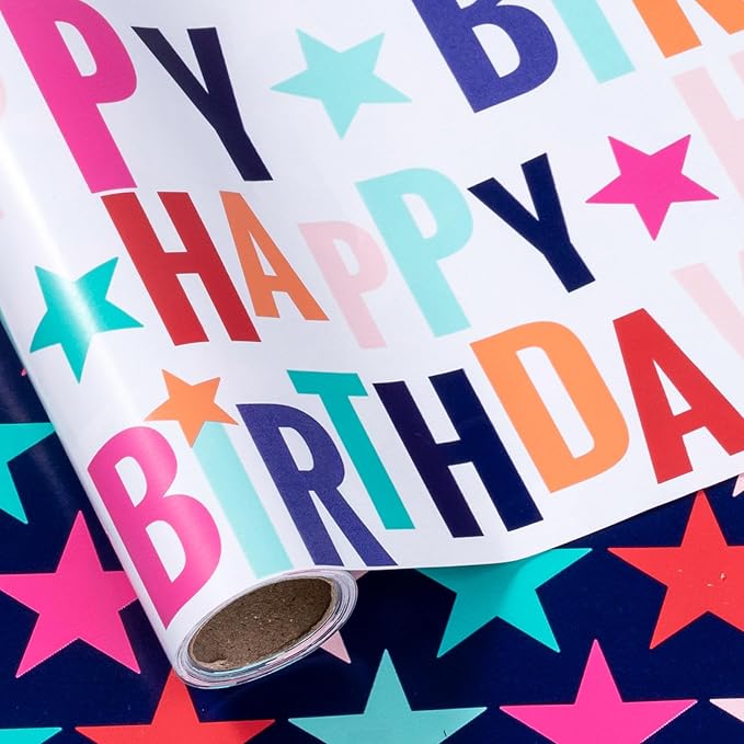 LeZakaa Reversible Stars Birthday Wrapping Paper Roll, Happy Birthday Lettering by LeZakaa