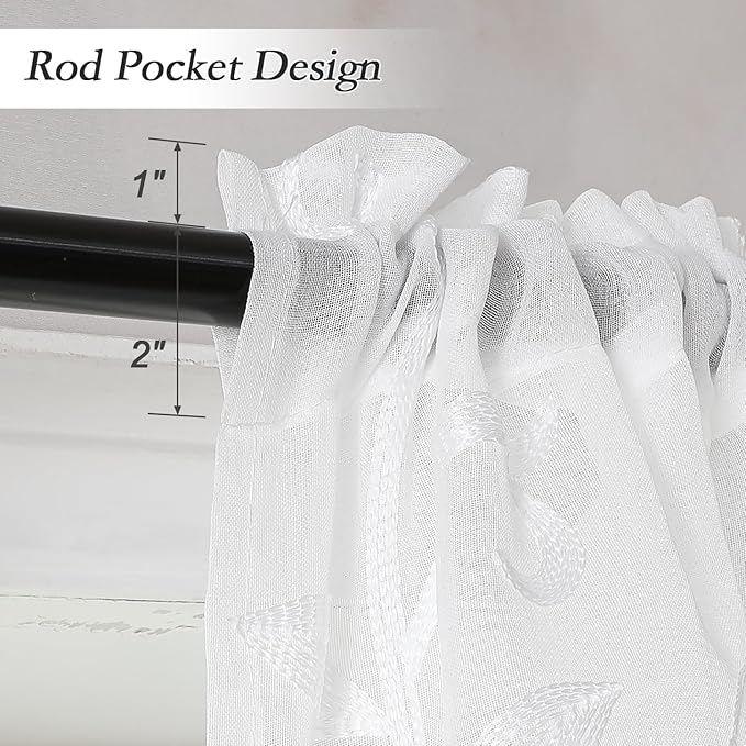 VISIONTEX Sheer Voile Curtain Valances, Decorative Leaves Embroidered, Rod - Image 3