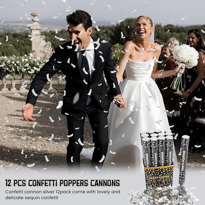 Party Poppers Confetti Cannon 12 Pack Silver Poppers 12 Inch Party Shooters - Image 6