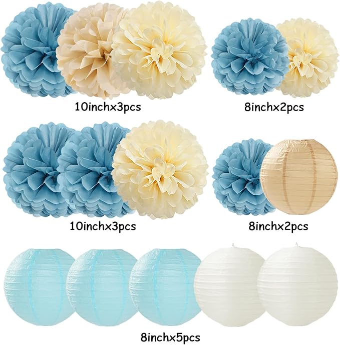 Dusty-Blue Champagne Party-Decorations Paper-Flowers Lanterns - Image 2