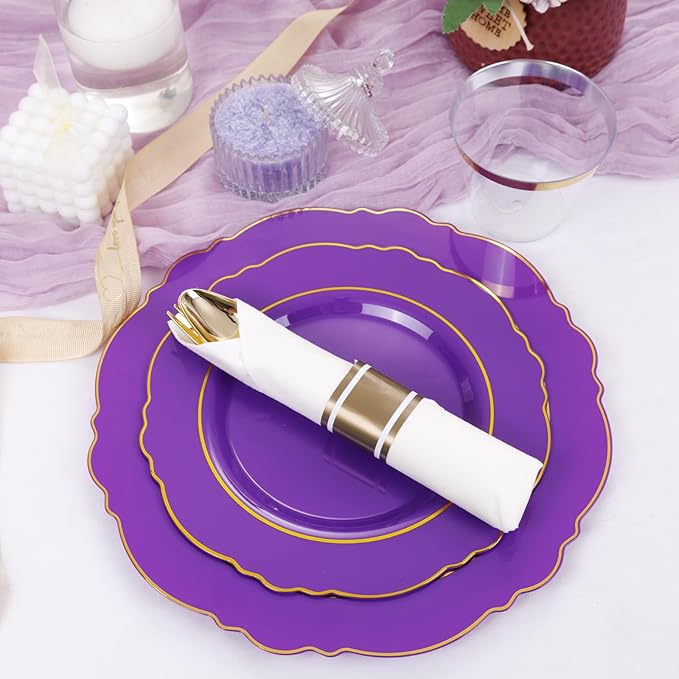 Liacere 350PCS Purple Plastic Plates-Disposable Purple and Gold Plates 50 guest - Image 4