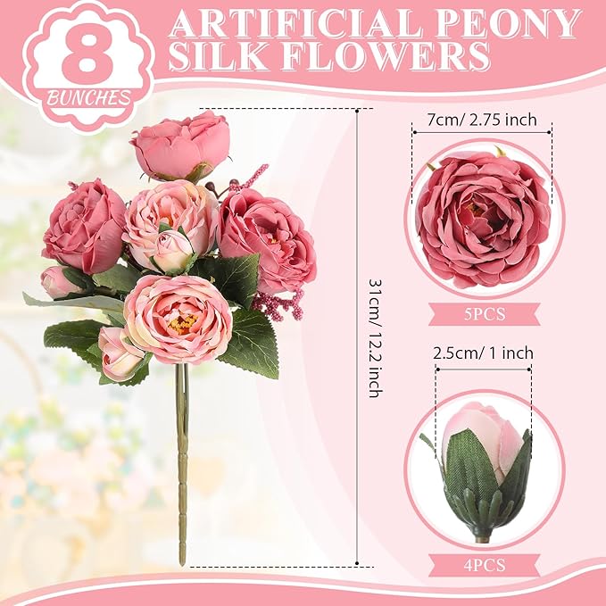 8 Bundles Artificial Peonies Flowers Boho Faux Flowers Arrangements Artificial - Image 2