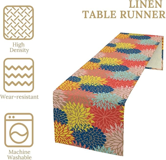 Dahlia Flowers Table Runner Colorful Floral Teal Grey Pink Yellow Blue Abstract - Image 6