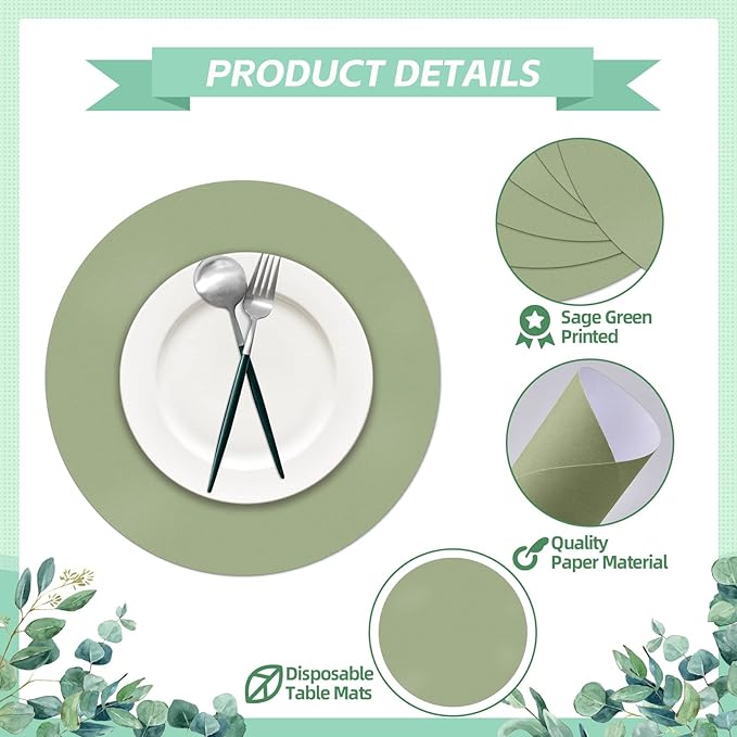 50 Pieces Sage Green Paper Place Mats Sage Round Disposable Table Mats Green - Image 4