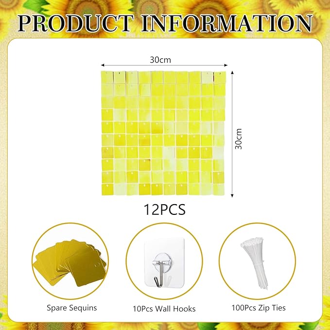 12PCS Colorful Yellow Shimmer Wall Backdrop, Square Sequin Photo Backdrops Panel - Image 2