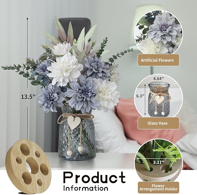 Fake Flowers in Vase, 8 Dahlias, Silk Artificial Flowers in Vase, Centerpiece - Image 3