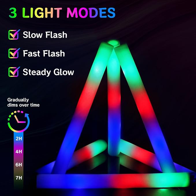 AOWDIAO 24 Pcs 16″ Foam LED Glow Sticks, 3 Light Up Modes, Party Favors - Image 2