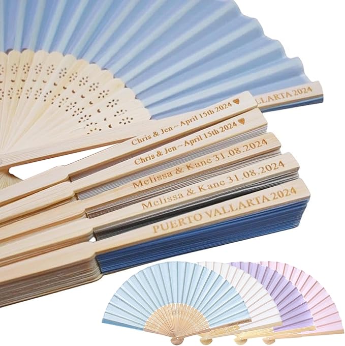 Personalized Engraved Silk Fans Folding Hand Fans 15 Pcs, Light Blue Summer by HaEnLab