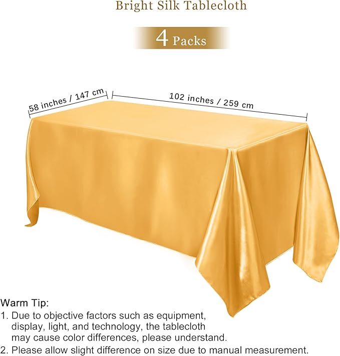 TURSTIN 4 Packs Gold Satin Tablecloth 102 x 58 Inch Overlay Satin Table Cover - Image 2