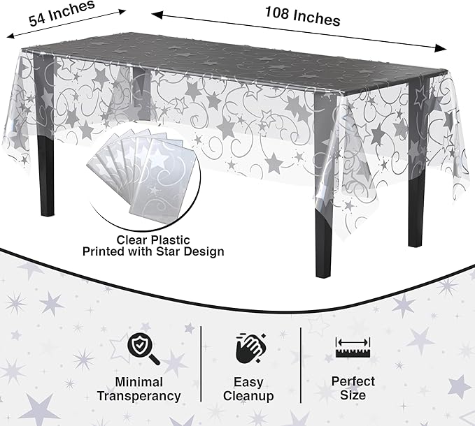 Exquisite Clear Silver Star Tablecloth Plastic 12-Pack Disposable Rectangle - Image 2