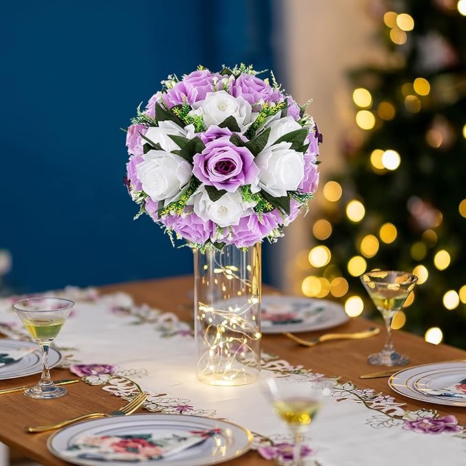 BLOSMON Lilac Purple Flowers Artificial: 2 Pcs Fake Roses Flower Balls - Image 7