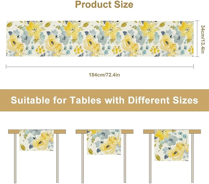 Watercolor Floral Table Runner, Seasonal Summer Yellow Flower Print Kitchen - Image 2