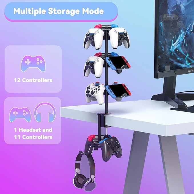 Rotatable 4 Tier Desk Clamp Controller Headset Stand, Universal Under Desk - Image 3
