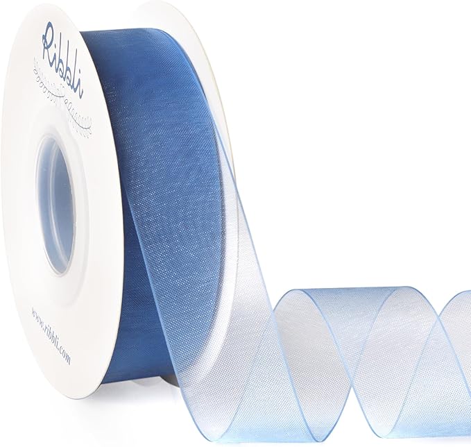 Ribbli Dusty Blue Organza Ribbon 1 Inches x Continuous 50 Yard Blue Sheer Ribbon by Ribbli