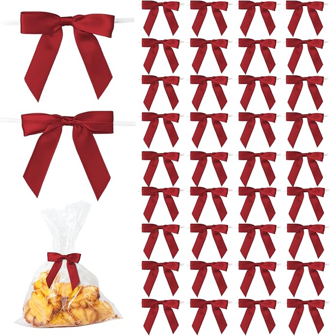 50Pcs Wine Red Twist Tie Bows for Gift Wrapping 2.5" Satin Ribbon Bow for Treat by TULOBI