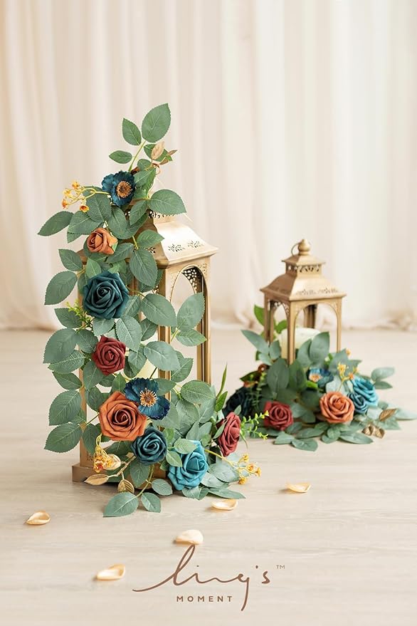 Ling's moment 2Pack 2ft Artificial Flowers Garland Teal Blue & Terracotta - Image 2