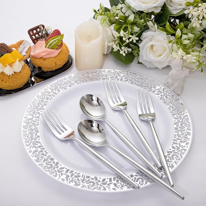 SUT 100Pcs Silver Plastic Silverware - Image 6