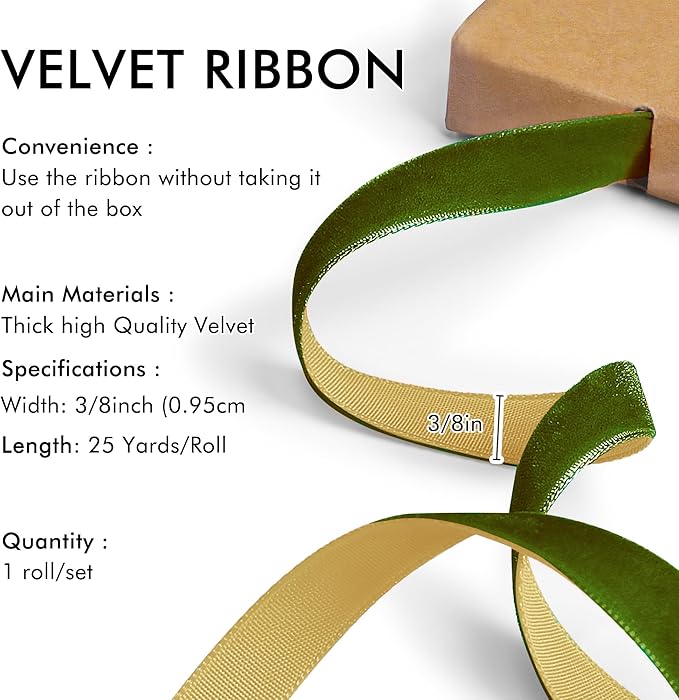 Olive Green Velvet Ribbon 3/8'' 25 Yards - Image 2