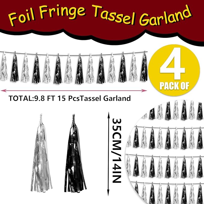 4P Black Silver Foil Fringe Metallic Tassel Streamers Banner Tassel Garland - Image 2