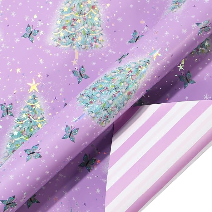 LeZakaa Christmas Purple Wrapping Paper Mini Roll, Christmas Tree Butterfly - Image 9