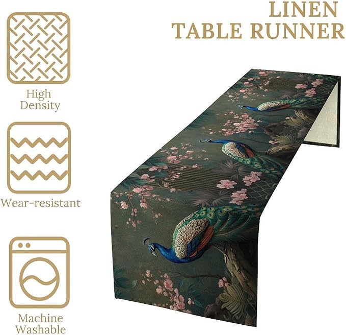 Peacock Table Runner, Vintage Aesthetic Peacock Birds Table Runner - Image 4