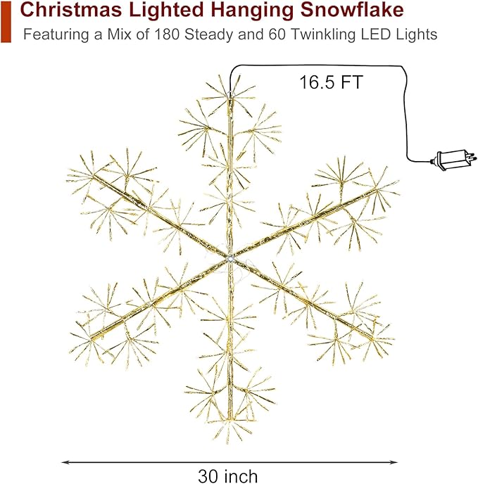 30’’ Christmas Snowflake Lights Outdoor, Pre-lit 240Pcs Warm White LEDs Hanging - Image 4
