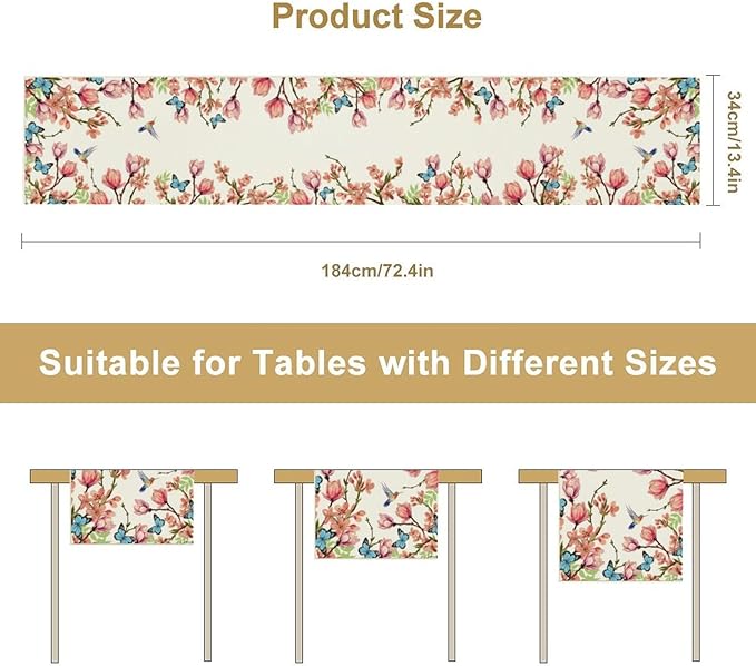 Spring Floral Bird Table Runner, Watercolor Pink Flower Plants Nature Butterfly - Image 3