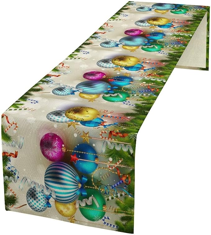 Christmas Table Runner, Colorful Balls Xmas Tree Snowflake Pattern Print by Kurtect