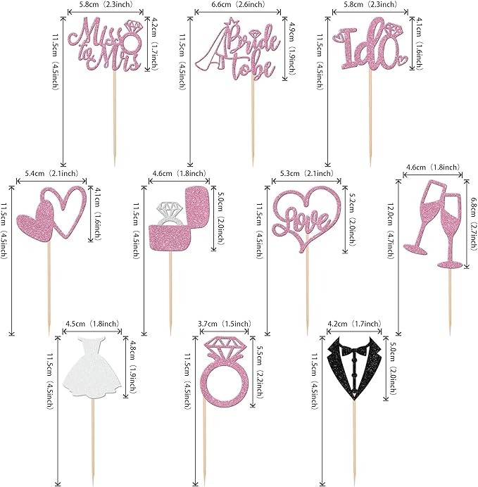 30 PCS Bride to Be Cupcake Toppers Glitter Miss to Mrs I Do Love Heart Ring - Image 2