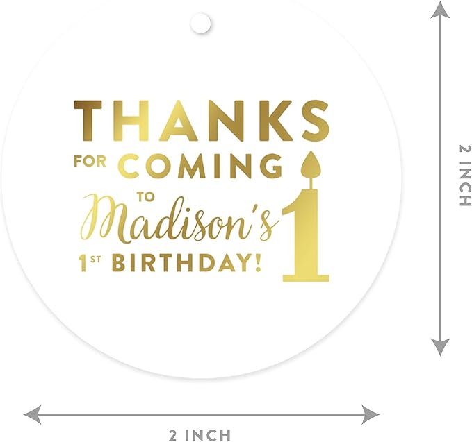 Andaz Press Personalized Round Circle Birthday Gift Tags, Metallic Gold Ink - Image 3