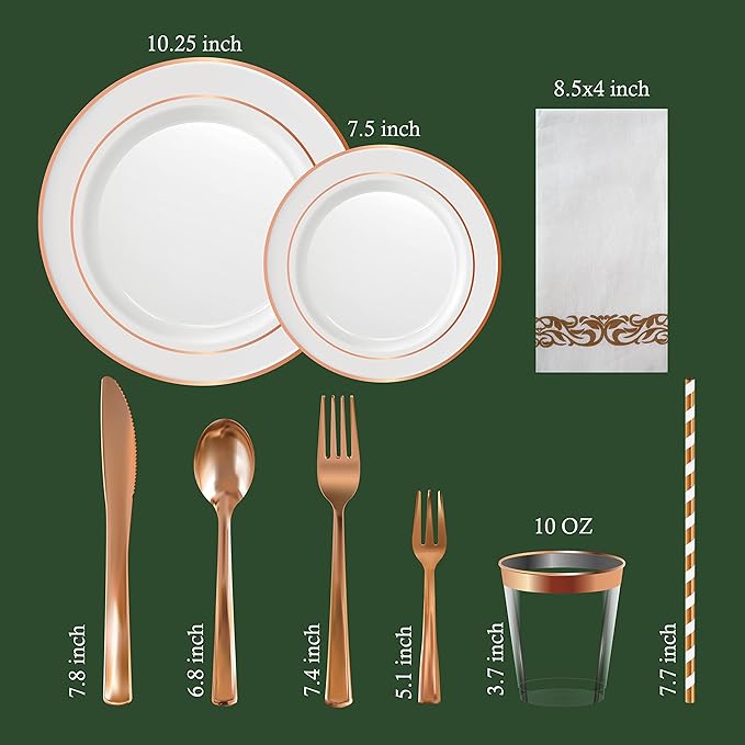 Neatiffy 225 Pcs Rose Gold Rim Plastic Dinnerware Set | 25 x | - Image 2
