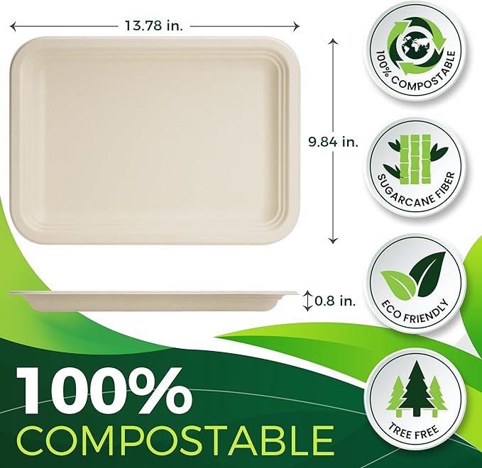 50 Pack Brown 14" Heavy Duty Disposable Rectangle Food Trays, Compostable Extra - Image 2