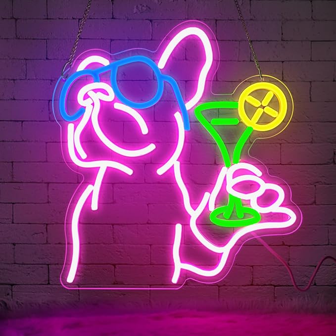 French Bulldog Drinking Cocktail Neon Sign, Bulldog Cocktail Bar Led Neon Signs by YourVibeYourNeon