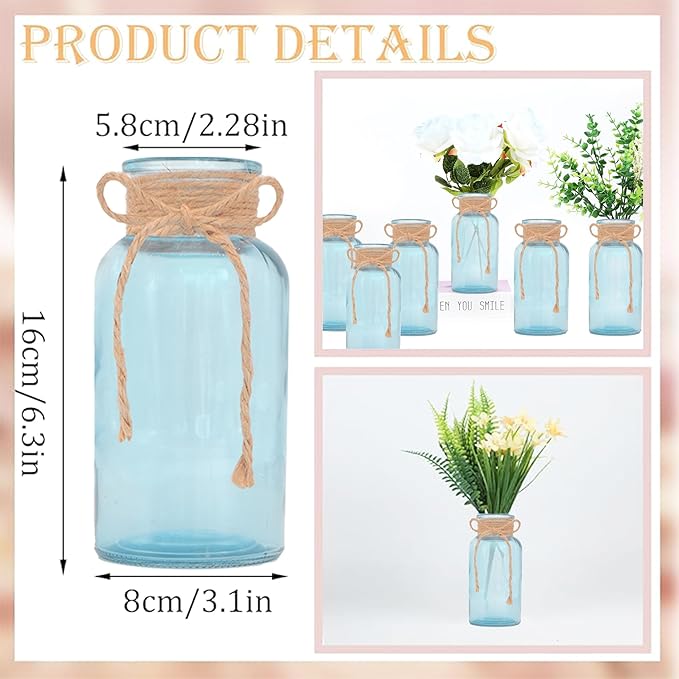 Vintage Glass Flower Vase，12 Pack Blue Farmhouse Glass Centerpiece Vases Mason - Image 4
