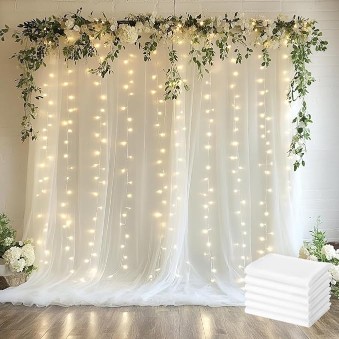 Tulle Backdrop Curtain with Lights String 30 X 10FT Ivory Sheer Tulle Backdrop by Xiomot
