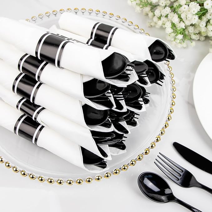 Supernal 60 Pack Hevy Duty Rolled Black Plastic Silverware, Pre Wrapped Cutlery - Image 4