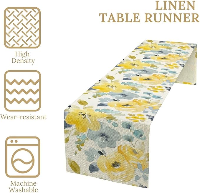 Watercolor Floral Table Runner, Seasonal Summer Yellow Flower Print Kitchen - Image 3