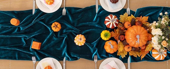Peacock Green Velvet Table Runner Fall Thanksgiving Turquoise Table Runner 20 x - Image 6