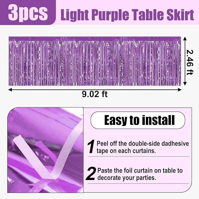 3 Pack 29x108 Inch Light Purple Foil Fringe Table Skirts Metallic Banner - Image 2