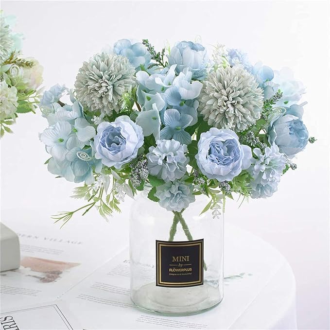 Artificial Flowers, 4 Packs Blue Fake Peony Silk Hydrangea Bouquet Decor - Image 6