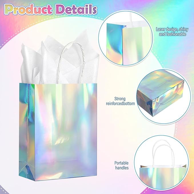 24 Pcs Iridescent Gift Bags Decorations, Holographic Foil Party Favor Bags - Image 3
