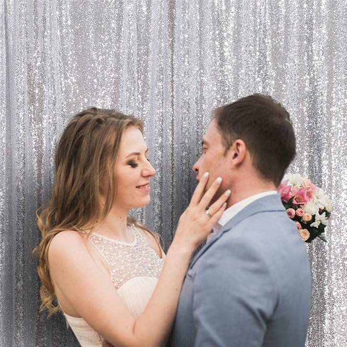Eternal Beauty Silver Sequin Backdrop, 8x10 Ft Glitter Background Curtains - Image 4