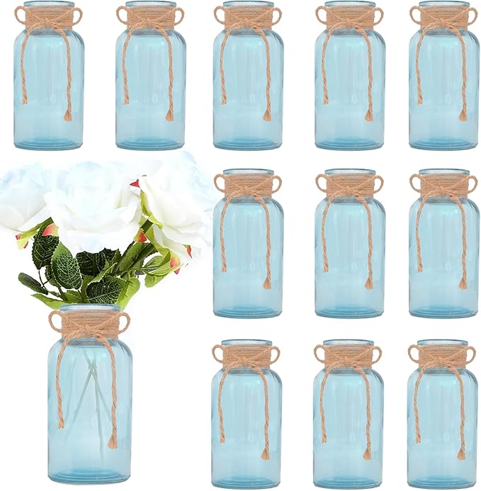Vintage Glass Flower Vase，12 Pack Blue Farmhouse Glass Centerpiece Vases Mason by LEYIQUCHAMPAGNEWINEGLASSES