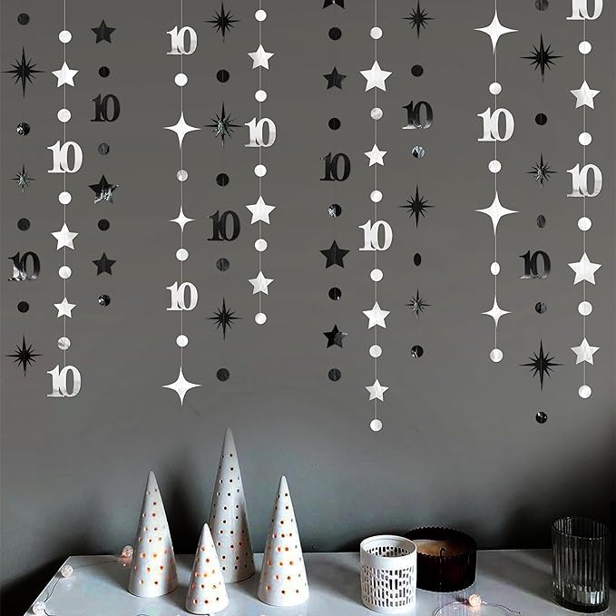 Silver Black 10th Birthday Decorations Number 10 Circle Dot Twinkle Star - Image 3